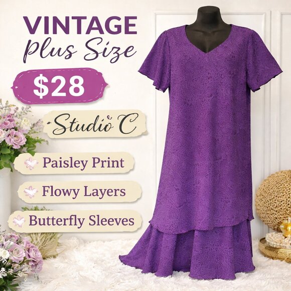 Studio C Dresses & Skirts - STUDIO C Vintage Purple Paisley V-Neck Butterfly Sleeve Flowy Dress, Size 20